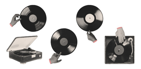 Retro elements vinyl, record player and hands  with a halftone effect. Vector illustration featuring grayscale dots suitable for collages, posters, prints, or music covers on an isolated background. © Olgadesigner