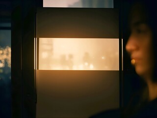 Blurring into the background, a woman gazes through venetian blinds at the warm glow of city lights during sunset, evoking a sense of contemplation and tranquility in the evening