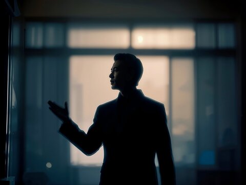 Silhouette of a businessman gesturing with his hand in a dark room, illuminated by a backlight from a window, creating a dramatic and mysterious atmosphere