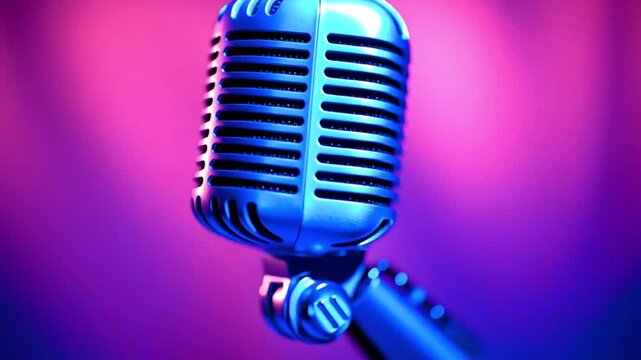 vintage microphone performing on stage with neon
