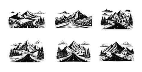 Scenic Mountain Road Illustrations in Black and White, Collection of Beautiful Landscapes