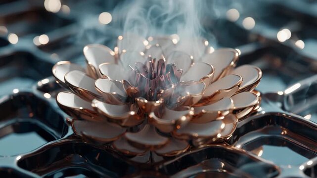 Metallic lotus flower surrounded by cold swirling smoke, artistic expression