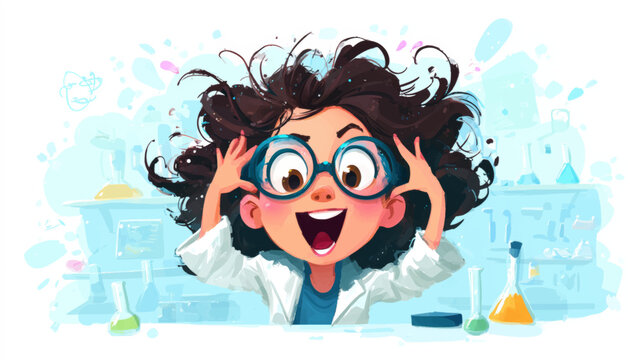 Energetic girl scientist joyfully experimenting in a colorful laboratory setting celebrating the International Day of Women and Girls in Science with vibrant educational STEM imagery