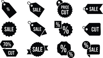 Collection of Black and White Sale Tags and Price Cuts for Marketing Promotions