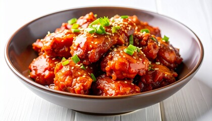 Delicious, glazed Korean fried chicken served in a rustic, brown bowl.