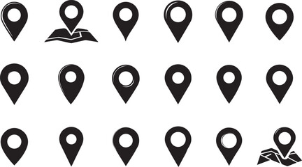 Collection of Black Location Pin Icons of Varying Shapes and Styles