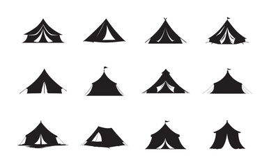 Vector illustration of various camping tents and shelters in solid black