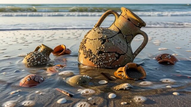 Ancient, fragmented pottery covered in barnacles sits at the edge of the sea, waves gently rolling in
