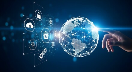 Innovative Technology Human Hand Activating Global Digital Network with Cloud Computing and Data Security