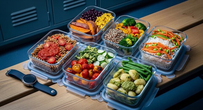 Meal Prep Containers with Healthy Food and Smartwatch.