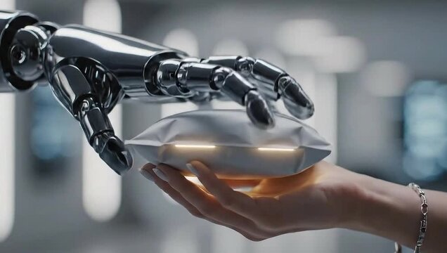 Robot hand giving parcel to human hand symbolizing futuristic delivery technology