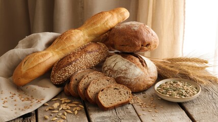 Freshly baked bread assortment featuring baguette, whole grain loaf, and seeds on rustic wood.