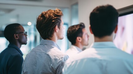 Group of Diverse Young Professionals Observing Presentation on Screen in Modern Office Environment
