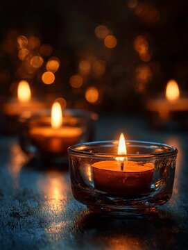Warm glowing candle flames surrounded by soft golden bokeh lights