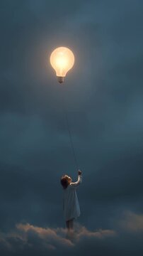Single floating lantern drifting through a dark cloudy night sky with a child holding it from below