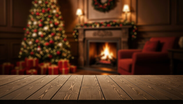 Winter holidays background, knotty rustic wooden tabletop surface with Christmas tree, burning fireplace, red chair, giftboxes, blurred festive vintage interior. New Year’s Eve celebration. Copy space - Powered by Adobe