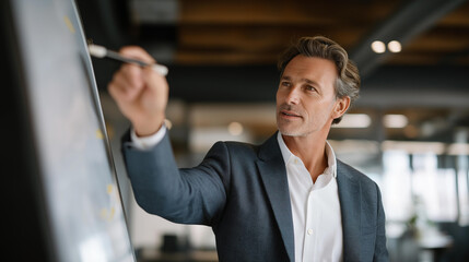 Wide shot of manager pointing out collaborative zones and creative areas in the office — dynamic onboarding visual illustrating a culture of inclusion, engagement, and modern management practices.