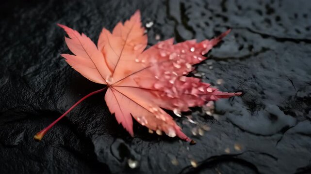 雨で濡れた黒い石に置かれた一枚のカエデを雫と反射でしっとり表現
