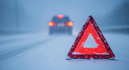 Red emergency warning triangle covered in snowflakes on winter stormy road in blizzard. Blurred stuck car taillights background. Global Road Safety Week, Winter Emergency Preparedness Day