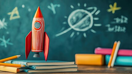 Back-to-school concept with books, pencils, and a sketched rocket 