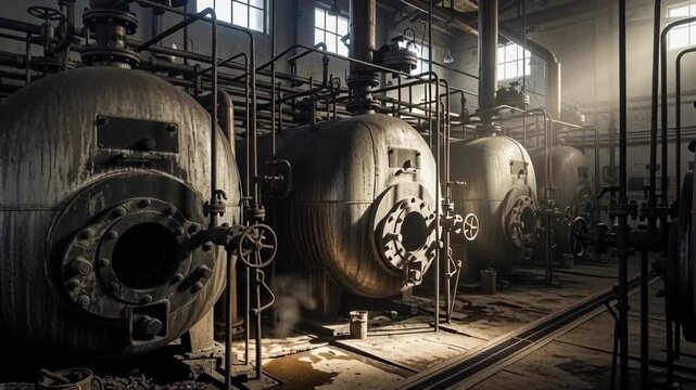 A dimly lit industrial space features several large, cylindrical metallic tanks and extensive pipework