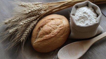 Freshly baked bread roll with wheat ears and flour in a sack on a wooden table
