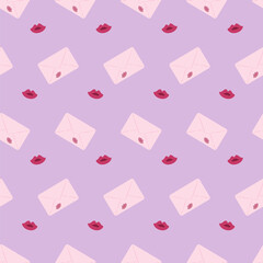 Charming seamless pattern featuring repeating pastel pink envelopes sealed with lipstick kisses and floating lips on a soft purple background, ideal for digital paper and romantic textile prints.