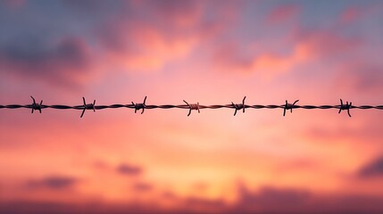 Elegant barbed wire fence silhouette at sunset over rural landscape highlighting security boundary protection outdoor scene sky silhouette countryside and natural environment