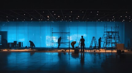 Industrial construction site with workers setting up scaffolding and working on a blue-lit exhibition space, showcasing teamwork and renovation efforts