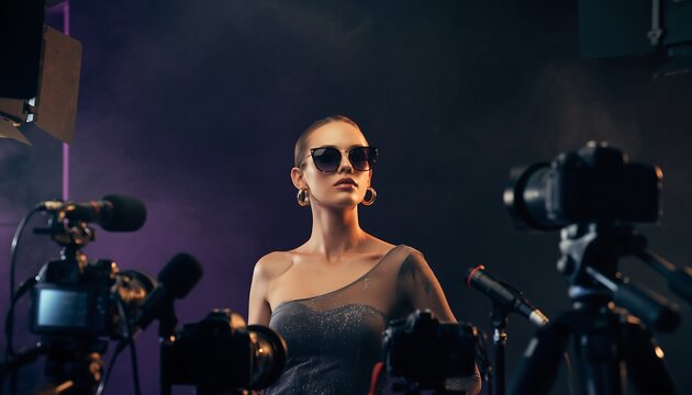 Glamorous celebrity in sunglasses confidently facing a wall of cameras and microphones at a media event