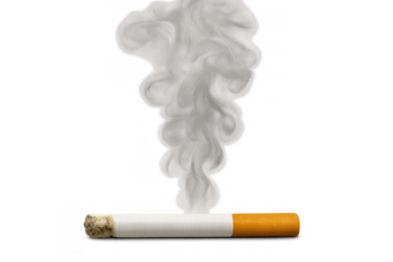 Lit cigarette burning with smoke column rising, representing unhealthy habits, addiction, and health risks, on transparent background