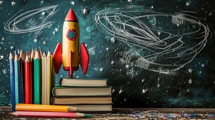 Back-to-school concept with books, pencils, and a sketched rocket 