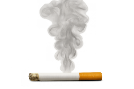 Lit cigarette burning with smoke column rising, representing unhealthy habits, addiction, and health risks, on transparent background