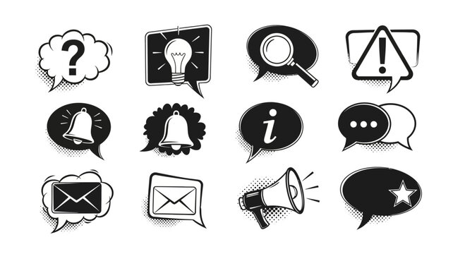 Collection of communication icons in speech bubbles representing questions ideas information alerts notifications messages and feedback for web design and user interface elements