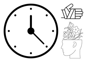 Large clock with simple markings, human head filled with blooming flowers symbolizing creativity, and a hand gesture denoting positivity. Ideal for time management, mindfulness, growth, mental