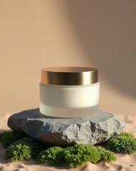 Frosted glass cosmetic cream jar with gold lid on a natural stone display