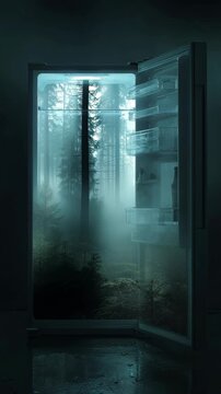 Mysterious corridor leading into a foggy forest with teal lighting, artistic expression