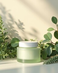 Frosted green jar with white lid surrounded by lush green foliage and natural light shadows.