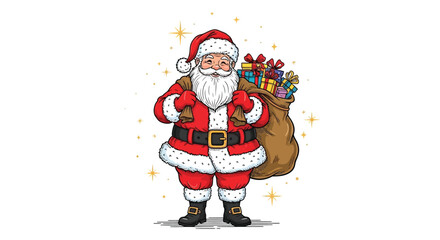 A Festive Illustration of Santa Claus Carrying a Large Bag of Presents on His Shoulder Surrounded by Sparkles