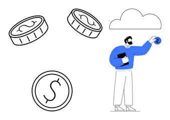 Man holding tablet while picking virtual coin, surrounded by large floating coins and cloud icon. Ideal for digital economy, online banking, cryptocurrency, e-commerce, fintech, asset management