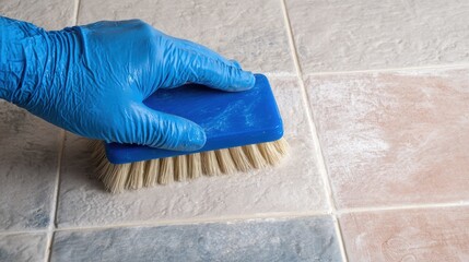 Hand in blue glove scrubbing tile floor with brush, cleaning grout lines, maintaining home hygiene and cleanliness