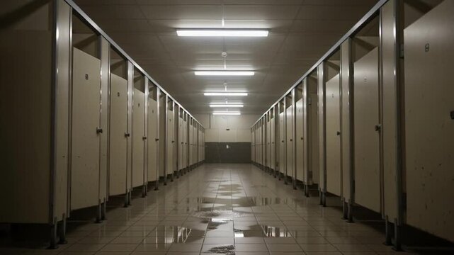 Empty Public Restroom Stalls with Wet Floor and Fluorescent Lighting