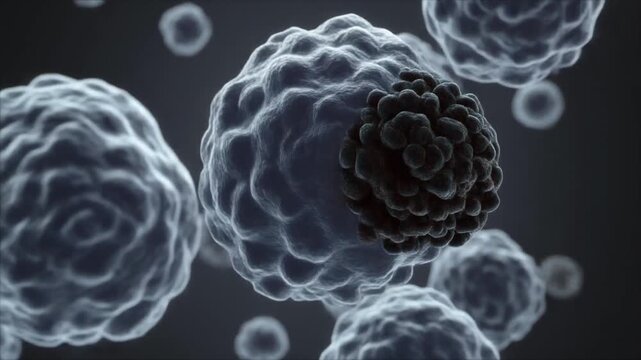 Microscopic view of dark cancerous cells invading and spreading throughout a biological system