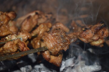 Savory Skewers: An intimate glimpse into the art of grilling, where succulent skewers of marinated meat sizzle over hot coals, releasing fragrant smoke and promising a feast of flavors. 