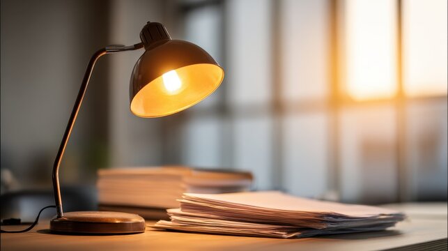 Cozy workspace with a modern desk lamp illuminating a stack of documents, creating a warm and inviting atmosphere in an office setting