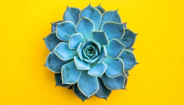 Blue-green succulent with yellow-edged leaves on vibrant yellow background, rosette pattern.