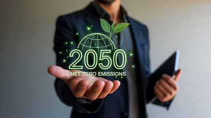 Path to Net Zero Emissions by 2050 Represented by Business Professional Holding Sustainability Icon