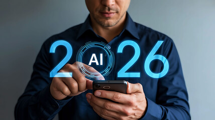 Artificial Intelligence in 2026 Future Technology with Mobile Phone and Human Interaction