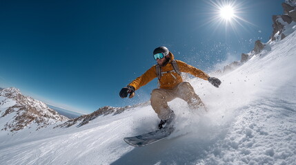 20代30代男性がオレンジのウェアで冬の雪山スキー場ゲレンデをスノーボードで滑る写真