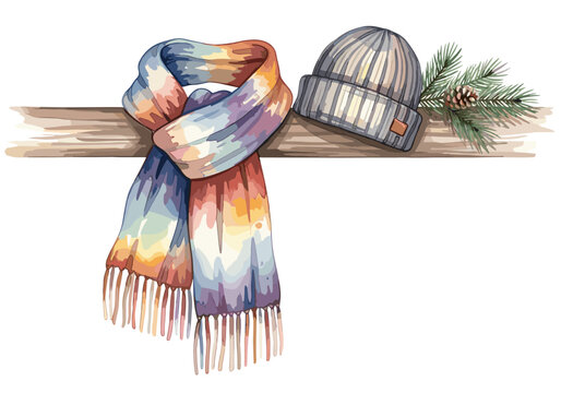 Cozy knitted beanie and colorful scarf with pine sprig for winter